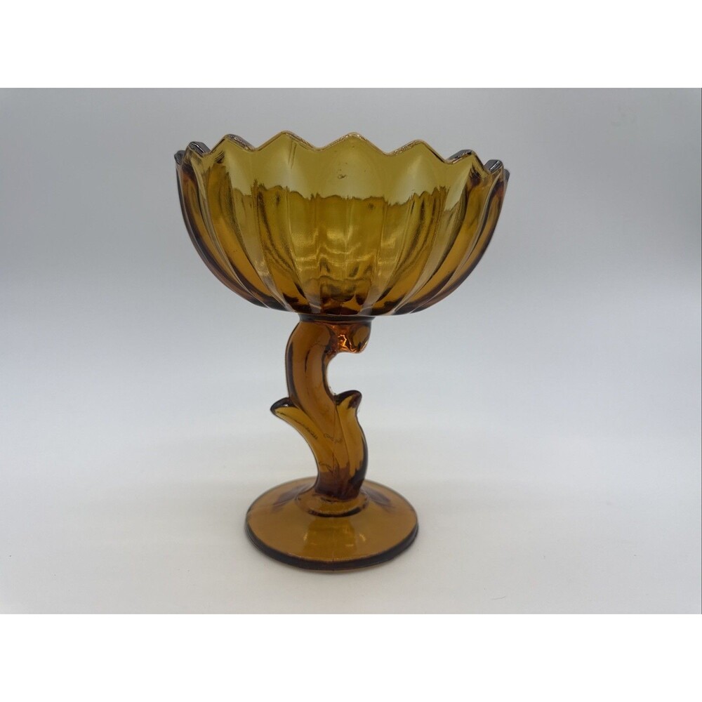 Indiana Glass Lotus Blossom Pedestal Compote Candy Dish Vintage Amber Flower